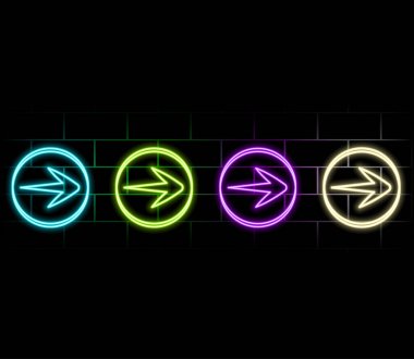 Parlayan neon oklar. Duvarda parlayan neon ok işaretleri. Kırmızı, sarı, mor ve mavi renkli parlak neon tüplü Retro tabela. Vektör