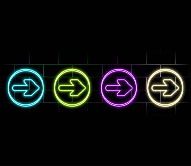 Neon levhasını kaldır. Parlayan neon ok işaretçisi izole edildi. Parlak parlak parlak neon ok. Sosyal medya için düğme.