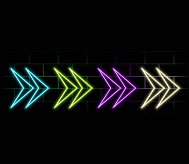 Vector Futuristik Bilim Kurgu Modern Neon Sarı Parlayan Ok Çerçevesi Karanlık Boş Grunge Tuğla Arkaplanı. Retro Neon İşareti