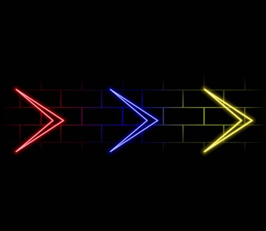 Üç boyutlu Neon Işıklı Ok. Soyut Minimalist İş Büyüme Konsepti Özgeçmişi. Yükselen Ok şeklindeki renkli Neon Işıkları. Kâr ve Yatırım Vektörü İllüstrasyonu.