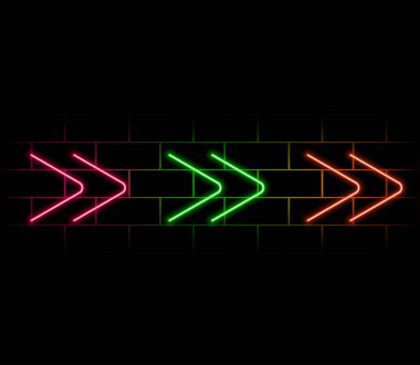 Karanlık set gerçekçi vektör illüstrasyonunda parlayan neon ok işaretçisi. Koleksiyon renkli geçmişe dönük parlak ışık tabelaları. Elektrik aydınlatılmış bilgi çerçevesi tasarım dekorasyonu dışında