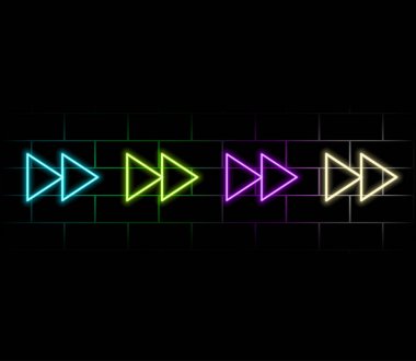 Neon ok simgesi. Parlak neon ışıklı işaret levhası, parlak renklerde düz ok. Retro navigasyon, ok yönü yukarı doğru. Simge seti, işaret, UI sembolü. Vektör illüstrasyonu