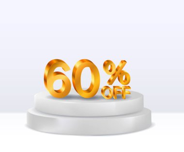 Yüzde 60 indirim. Yaratıcı kompozisyonda indirim. 3D altın satış sembolü. Satış afişi ve poster. Vektör illüstrasyonu
