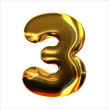 3 numara, altın balon. 3 numara beyaz arka planda izole edilmiş. Altın rengi. 3B biçim vektör illüstrasyonu