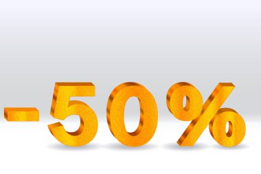 İndirim fonunda% 50 indirim var. Üç boyutlu altın sayılar. 3D 'de% 50 indirim. Yüzde işaretiyle. Tanıtım şablonu tasarımı.