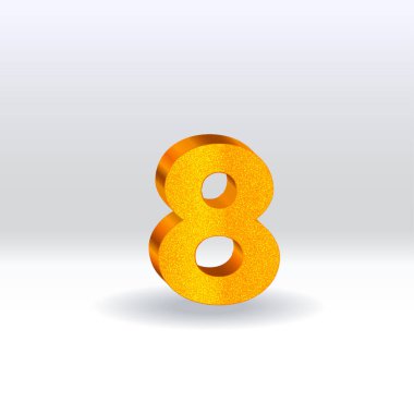 8 numara, altın balon. 8 numara beyaz arka planda izole edilmiş. Altın rengi. 3B biçim vektör illüstrasyonu
