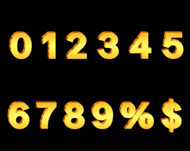 Siyah arka planda sıfırdan dokuza kadar olan altın sayılar. Altın sıfır, bir, iki, üç, dört, beş, altı, yedi, sekiz, dokuz, artı, eksi ve yüzdelik işaretleri tarih veya yıldönümü için vektör tasarımı.