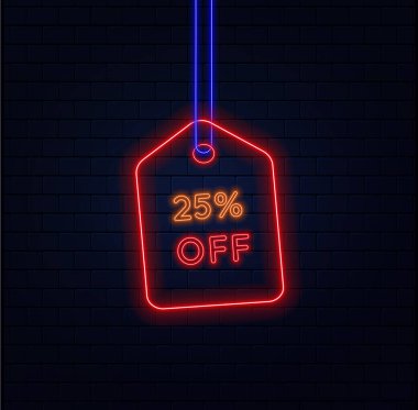 % 25 indirim. Neon tarzı. Özel teklifler satıyorum. Neon tarzı indirimli etiket. Alışveriş gününde perakende reklam kampanyası için. tuğla arka plan. vektör illüstrasyonu.