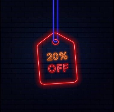 % 20 indirim. Neon tarzı. Özel teklifler satıyorum. Neon tarzı indirimli etiket. Alışveriş gününde perakende reklam kampanyası için. tuğla arka plan. vektör illüstrasyonu.