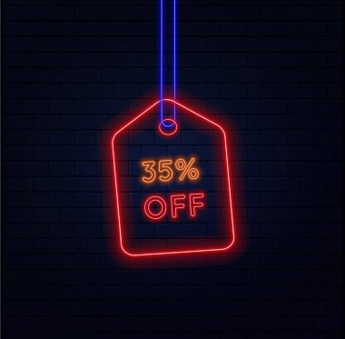 35% discount. neon style. Selling special offers. Discount label in neon style. for a retail advertising campaign on shopping day. brick background. vector illustration. clipart