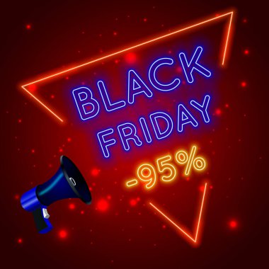 Neon Black Friday Fonu% 95 indirimli. Vektör illüstrasyon veya tanıtım tasarımları, reklam panoları satışları ve reklam kampanyaları.