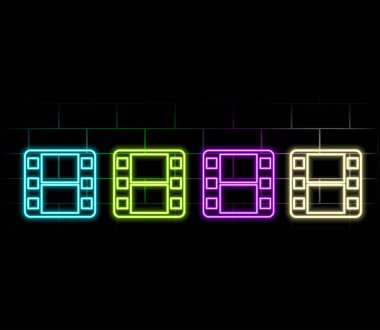 Neon film şeridi tuğla duvar arka planında izole edilmiş. Parlak film çerçevesi. Film, sinema, fotoğraf konsepti. Vektör 10 EPS illüstrasyon.3