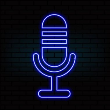 Neon mikrofon işareti. Podcast, stand up veya müzik gösterisi amblemi için parlayan mikrofon simgesi. Retro mikrofon, neon tarzı. Vektör illüstrasyonu.. 4