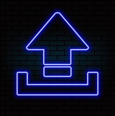 Neon gönderme simgesi. Parlayan neon gönderme işareti, ok resimli ana hatları canlı renklerde. Çevrimiçi veri kaydetme, bilgi yükleme, dosyalarla etkileşim. Vektör simgesi ayarlandı, imzala, UI.4 sembolü
