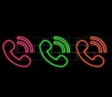 Taslak neon çalan cep telefonu simgesi. Parlak neon telefon işareti, canlı renklerde telefon resmi. Çağrı merkezi, telefon numarası, acil durum çağrısı, yardım hattı ve destek. Vektör simgesi ayarlandı, UI.2 sembolü