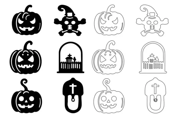 Bir grup siyah beyaz Cadılar Bayramı festivali arka plan elementi. Balkabağı, yarasa, kafatası, örümcek 