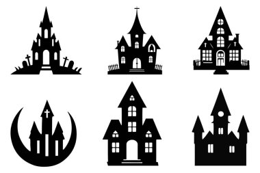 Cadılar Bayramı 'nda ay, cadı kalesi, şeytani sahne, mezarlar, hayaletler. Mutlu Cadılar Bayramı vektörü korkunç tasarım simgesi.