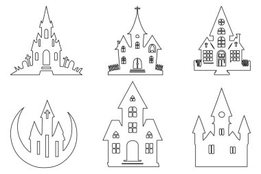 Cadılar Bayramı 'nda ay, cadı kalesi, şeytani sahne, mezarlar, hayaletler. Mutlu Cadılar Bayramı vektörü korkunç eski bina tasarım simgesi.