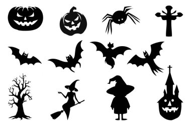 Cadılar Bayramı siluetleri. Ürkütücü kötü cadı, balkabağı, yarasa örümcek süpürgesi ve hayalet ikonu