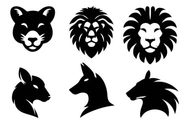 Aslan, elephaant, geyik, köpek başı simgesi içeren hayvan kafası simgesi seti