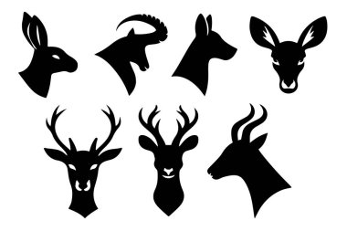 Aslan, elephaant, geyik, köpek başı simgesi içeren hayvan kafası simgesi seti