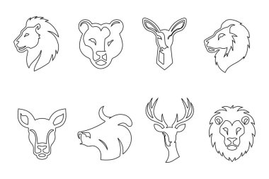 Aslan, elephaant, geyik, köpek başı simgesi içeren hayvan kafası simgesi seti