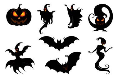 Cadılar Bayramı bayramı ikonu. Balkabağı, hayalet, resimli yarasa. 