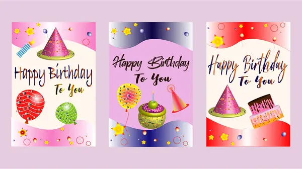 Doğum günü kartı tasarımın kutlu olsun. Pastalı moda tebrik kartları, farklı renk helyum balonları, parti şapkası, zarif vektör resimleme şablonları