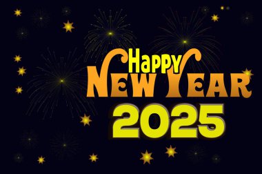 Koyu mavi arka plan ve havai fişeklerle 2025 yılının altın kutlaması. Gece gökyüzündeki yıldız, altın havai fişekler ve karanlık gecede yıldız etkisi