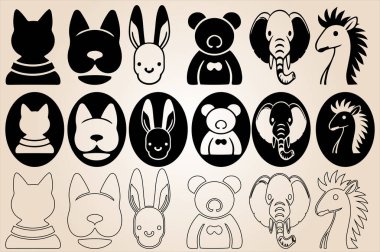 Doldurma rengi, dairesi ve özeti olan bir hayvan çizgi filmi. Basit, şirin bir hayvan suratı seti. Vektör illüstrasyonları