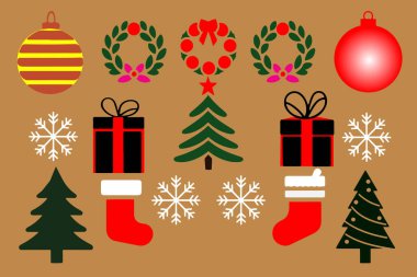 Resimli mutlu Noel ikonu. Popüler Noel simgesi seti. 