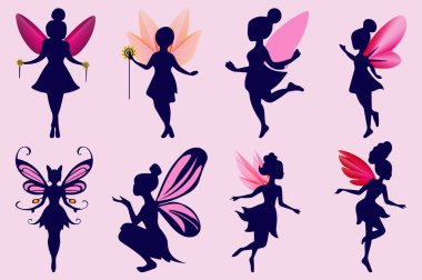 Güzel peri siluetleri. Pembe kanatlı peri yaratıkları. Pembe kanatlı güzel mavi peri.