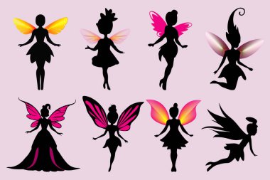 Güzel peri siluetleri. Pembe kanatlı peri yaratıkları. Pembe kanatlı güzel mavi peri.