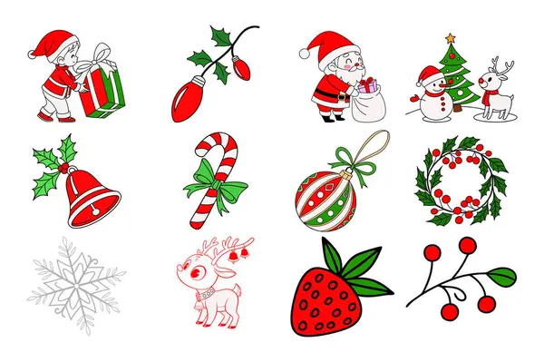 12 item Christmas Icon Set. Festive and Decorative Holiday Collection including candy cane, bell, Santa Claus, wreath, light, strawberry, reindeer, snowman etc.