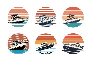 speed boat silhouettes on retro vintage design bundle. Retro-inspired speed boat silhouette graphics. clipart