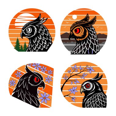 Owl head silhouette bundle on retro vintage background illustrative art. Retro vintage owl illustrations for print clipart