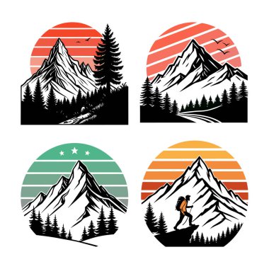 Mountain silhouettes bundle on retro vintage designs. Mountain-themed vintage art bundle for designers. clipart