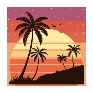  Retro Dalgalar: Palmiye ağaçları ve Günbatımı Parıltısı. 80 'ler tropikal palmiye ağacı grafik tasarımı.