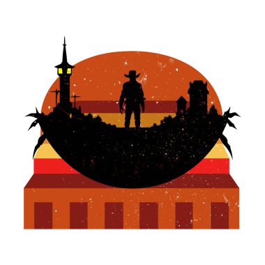 Kovboy hayalet köyü ziyaret ediyor. Eski moda arka planda ürkütücü bir tişört tasarımı.