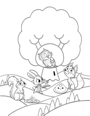 Bunny boyama sayfaları için çayır piknik vektör anahatlarını zevkle izliyor