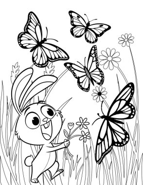 Renklendirme sayfaları için kelebek bahçesi vektör anahatlarını keşfeden sevimli tavşan.