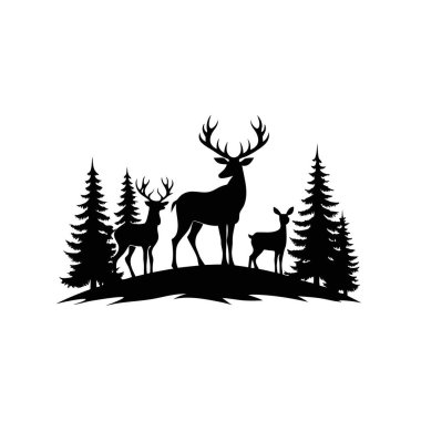 Geyik Ailesi Siluet Ormanı Sınır Sahnesi
