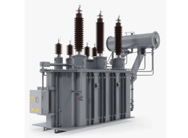 Arkası beyaz transformatörlü, transformatör kullanmaya hazır. Dönüştürücü üretimi. Dönüştürücü örneği. elektrik dağıtım araçları