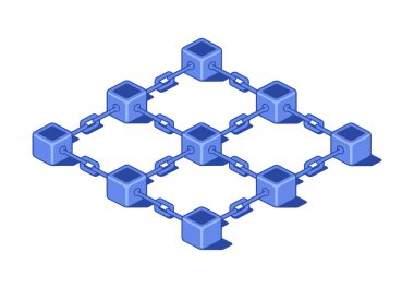 Birbirine bağlı blokların bir zincir oluşturması, kavramsal engelleme teknolojisini temsil ediyor. Parlak ve soyut tasarımı olan modern dijital sanat.