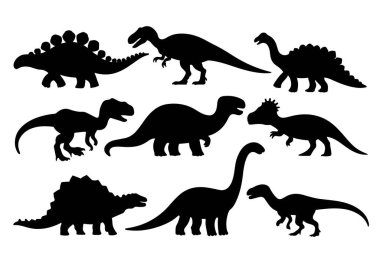 İzole edilmiş dinozor siluetleri. Basit bir siyah dizaynda çeşitli tarih öncesi türleri içerir. Eğitim malzemeleri, temalı dekorasyonlar ve yaratıcı projeler için mükemmel..