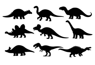 İzole edilmiş dinozor siluetleri. Basit bir siyah dizaynda çeşitli tarih öncesi türleri içerir. Eğitim malzemeleri, temalı dekorasyonlar ve yaratıcı projeler için mükemmel..