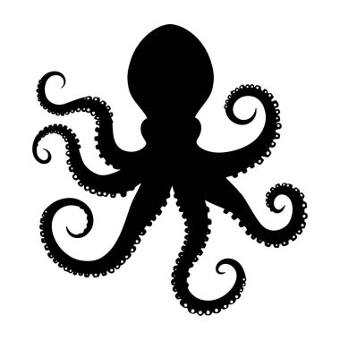Beyaz arka planda siyah ahtapot silueti. Deniz yaşamı tasarımları, okyanus temaları ve su projeleri için vektör ikonu ideali. Logolar ve çizimler için mükemmel