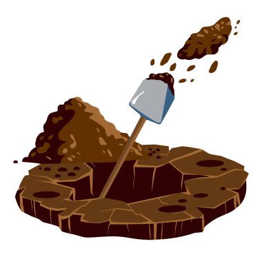 Mezar kazmak ya da çölde kazı yapmak. Beyaz arka planda toprak, taş ve kürek yığını olan düz çizgi film çizimleri. Cenaze ve inşaat temalı tasarımlar için ideal