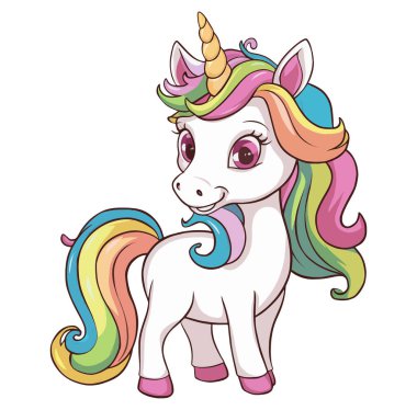 Gökkuşağı yeleli, pembe boynuzlu, beyaz arka planda duran renkli tek boynuzlu at. Çocuk tasarımları ve tuhaf temalar için ideal.