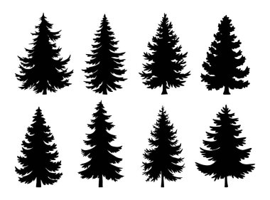 Beyaz arka planda farklı boyutlarda ve şekillerde siyah çam ağacı siluetleri. Çeşitli yaratıcı kullanımlar için basit doğadan esinlenilmiş tasarım.